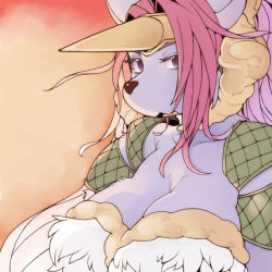 Rule 34 | 1girl, animal ears, breasts, cleavage, colored skin, fake horns, forehead protector, furry, furry female, horns, large breasts, legend of mana, long hair, purple eyes, purple skin, red hair, seiken densetsu, shoulder pads, sierra (lom), sindoll, single horn, snout, solo, upper body