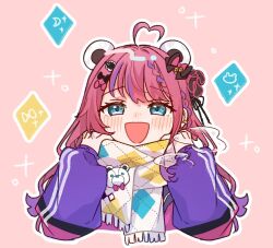 Rule 34 | 1girl, :d, ahoge, blue eyes, blush, bow, braid, commentary request, cropped torso, earrings, flower, hair bow, hair flower, hair ornament, heart, heart ahoge, jacket, jewelry, kashikaze, kuramochi meruto, long hair, long sleeves, looking at viewer, multicolored hair, multiple rings, nijisanji, open mouth, outline, pink background, purple hair, purple jacket, ring, scarf, smile, solo, streaked hair, upper body, virtual youtuber, white outline, white scarf