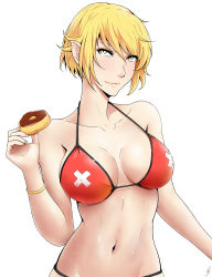 Rule 34 | 1girl, absurdres, blonde hair, breasts, cleavage, doughnut, flag print, food, highres, j adsen, kiss-shot acerola-orion heart-under-blade, looking at viewer, monogatari (series), oshino shinobu, pointy ears, short hair, simple background, solo, swiss flag, white background, yellow eyes