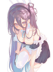 Rule 34 | 1girl, adjusting clothes, adjusting shoe, alternate breast size, apron, aqua ribbon, aris (blue archive), aris (maid) (blue archive), black dress, black footwear, black hair, black hairband, blue archive, blue eyes, blush, breasts, detached collar, downblouse, dress, hairband, halo, highres, light smile, long hair, long hair between eyes, looking at viewer, medium breasts, neck ribbon, official alternate costume, one side up, ribbon, short sleeves, simple background, solo, standing, standing on one leg, thighhighs, torano, very long hair, white apron, white background, white thighhighs