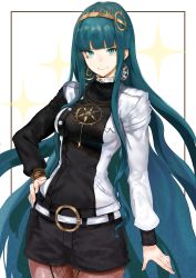 Rule 34 | 1girl, absurdly long hair, absurdres, asymmetrical sleeves, black shirt, black shorts, blue eyes, blue hair, blunt bangs, breasts, brown pantyhose, cleopatra (fate), closed mouth, cowboy shot, diadem, earrings, facial mark, fate/grand order, fate (series), floating hair, harutask, highres, jacket, jewelry, long hair, long sleeves, looking at viewer, medium breasts, open clothes, open jacket, pantyhose, shirt, short shorts, shorts, smile, solo, sparkle, standing, uneven sleeves, very long hair, white background, white jacket