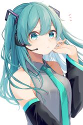 Rule 34 | 1girl, absurdres, alternate hair length, alternate hairstyle, aqua eyes, aqua hair, aqua necktie, aqua trim, bare shoulders, black sleeves, commentary, detached sleeves, expressionless, frilled shirt, frilled shirt collar, frills, grey shirt, hair ornament, hand up, hatsune miku, headphones, headset, highres, long hair, looking at viewer, mochita mogu, necktie, notice lines, shirt, simple background, sleeveless, sleeveless shirt, solo, twintails, two side up, upper body, vocaloid, white background