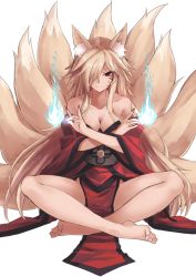 Rule 34 | 1girl, animal ears, bare legs, bare shoulders, barefoot, blonde hair, breasts, cleavage, facial mark, fingernails, fox ears, fox tail, indian style, iwashi (nisankatanso), japanese clothes, long hair, looking at viewer, medium breasts, multiple tails, nail polish, one eye covered, original, red eyes, sharp fingernails, sidelocks, simple background, sitting, solo, tail, very long hair, white background