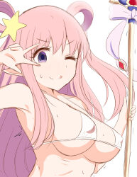 Rule 34 | 1girl, ;), bikini, blush, breasts, donutman, elf, hair ornament, hair rings, hatsune (princess connect!), highres, holding, holding staff, large breasts, licking lips, long hair, looking at viewer, micro bikini, one eye closed, pink hair, pointy ears, princess connect!, purple eyes, purple hair, smile, solo, staff, star (symbol), star hair ornament, swimsuit, tongue, tongue out, upper body, v, white bikini