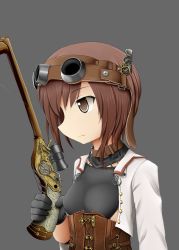 Rule 34 | 10s, 1girl, adapted costume, black gloves, bow (weapon), brown eyes, brown hair, coat, crossbow, female focus, gears, gloves, goggles, goggles on head, grey background, highres, jacket, kantai collection, profile, quality, scope, short hair, simple background, solo, steampunk, sudou noboru, taihou (kancolle), upper body, weapon