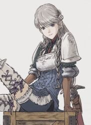 Rule 34 | 1girl, armor, braid, breastplate, closed mouth, earrings, gloves, grey eyes, grey hair, jewelry, long hair, looking at viewer, ravness loxaerion, shoulder armor, simple background, single earring, smile, solo, sword, tactics ogre, thighhighs, twin braids, weapon, white background, windcaller