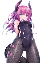 Rule 34 | 10s, 1girl, alternate costume, arms behind back, bare arms, bare shoulders, black leotard, black pantyhose, blue eyes, breasts, cameltoe, covered navel, elizabeth bathory (fate), elizabeth bathory (fate/extra ccc), fate/extra, fate/extra ccc, fate (series), fishnet pantyhose, fishnets, from below, hair ribbon, highres, horns, kneeling, leotard, long hair, looking at viewer, medium breasts, nontraditional playboy bunny, pantyhose, pink hair, playboy bunny, pointy ears, ribbon, shiny clothes, simple background, solo, tail, twiska (doubitian), white background