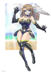 Rule 34 | 1girl, black choker, blue eyes, boots, breasts, choker, cleavage, eunie (xenoblade), gloves, head wings, highres, large breasts, long hair, looking at viewer, nintendo, oomasa teikoku, solo, swimsuit, thigh boots, white wings, wings, xenoblade chronicles (series), xenoblade chronicles 3