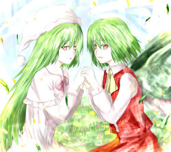 Rule 34 | 2girls, ao-shiba, ascot, checkered clothes, checkered vest, green hair, hat, holding hands, kazami yuuka, kazami yuuka (pc-98), long hair, multiple girls, nightcap, oetaro, petals, red eyes, seihou, short hair, steepled fingers, symmetrical pose, time paradox, touhou, vest, wings