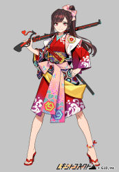 Rule 34 | 1girl, bow, braid, brown hair, company name, copyright name, full body, grey background, gun, hair bow, hand on own hip, high heels, holding, holding gun, holding weapon, katana, long hair, looking at viewer, oda azumi, official art, over shoulder, pink bow, ponytail, pota (bluegutty), red eyes, red footwear, reki connect, sheath, sheathed, simple background, smile, solo, standing, sword, watermark, weapon