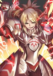 Rule 34 | 1girl, armor, blonde hair, breastplate, clarent (fate), commentary request, electricity, fate/apocrypha, fate/grand order, fate (series), faulds, gauntlets, green eyes, hair ornament, hair scrunchie, highres, holding, holding sword, holding weapon, lightning, mordred (fate), mordred (fate/apocrypha), pauldrons, ponytail, rahato, scrunchie, shoulder armor, smile, solo, sword, sword behind back, weapon