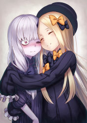 Rule 34 | 2girls, abigail williams (fate), bags under eyes, black bow, black dress, black hat, blonde hair, blush, bow, closed eyes, closed mouth, commentary, dress, fate/grand order, fate (series), hair bow, hat, hug, koko (koko3), lavinia whateley (fate), long hair, long sleeves, looking at viewer, multiple girls, nose blush, one eye closed, orange bow, parted bangs, pink eyes, polka dot, polka dot bow, sleeves past wrists, smile, very long hair, white hair, wide-eyed