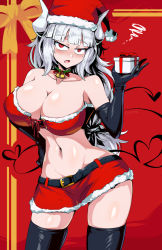 Rule 34 | 1girl, alternate costume, bell, black gloves, blunt bangs, blush, breasts, christmas, cleavage, collar, collarbone, demon girl, demon horns, demon tail, elbow gloves, gift, gloves, hand on own hip, hat, helltaker, highres, holding, holding gift, holly, horns, large breasts, looking at viewer, lucifer (helltaker), miniskirt, mole, mole under eye, neck bell, open mouth, red eyes, santa hat, shimure (460), skirt, solo, tail, thighhighs, white hair, white skirt