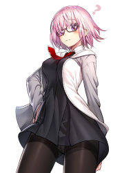 Rule 34 | 1girl, ?, black-framed eyewear, black dress, black pantyhose, blush, breasts, closed mouth, crotch seam, dress, eyebrows, fate/grand order, fate (series), from below, frown, glasses, hand on own hip, jacket, long sleeves, looking down, looofa, mash kyrielight, medium breasts, necktie, open clothes, open jacket, panties, panties under pantyhose, pantyhose, pink eyes, pink hair, red necktie, ririko (zhuoyandesailaer), short hair, solo, standing, thighband pantyhose, track jacket, underwear, white panties