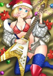 Rule 34 | 1girl, bed sheet, blonde hair, blue eyes, blue thighhighs, boots, bra, breasts, christmas, christmas ornaments, cleavage, coat, commentary, denim, denim shorts, electric guitar, english text, from above, fur-trimmed coat, fur trim, gibson flying v, grey coat, guitar, hat, hat ornament, head tilt, highleg, highleg panties, holding, holding instrument, instrument, katouken (ktn-works), lace, lace-trimmed bra, lace-trimmed panties, lace trim, long sleeves, looking at viewer, lying, marigold, medium breasts, merry christmas, micro shorts, no shirt, on back, on bed, open clothes, open coat, open fly, original, panties, parted lips, polka dot, polka dot bra, polka dot panties, red bra, red footwear, red hat, red panties, santa hat, short hair, shorts, single boot, solo, sparkle, star (symbol), star hat ornament, text background, thigh boots, thighhighs, underwear, white shorts