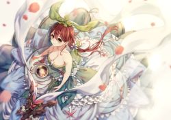 Rule 34 | 10s, 1girl, bad id, bad pixiv id, bare shoulders, braid, breasts, brown eyes, cleavage, closed mouth, dress, flower, frilled dress, frills, from above, granblue fantasy, hair between eyes, hair flower, hair ornament, leaf, leaf on head, long hair, low twintails, monster girl, motion blur, petals, plant girl, pointy ears, red hair, sleeveless, solo, twintails, very long hair, white flower, yggdrasill (granblue fantasy), yoshikanakamura
