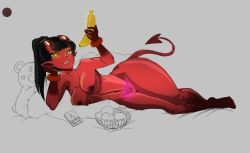 Rule 34 | 1girl, banana, breasts, choker, cleft of venus, demon girl, demon tail, food, freckles, fruit, fruit bowl, glowing, glowing eyes, grey background, highres, meruccubus (merunyaa), merunyaa, narrow waist, nipple piercing, nipples, piercing, pubic tattoo, pussy, self-upload, simple background, tagme, tail, tattoo, thick thighs, thighs, wide hips