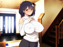 Rule 34 | 1girl, black hair, blush, breasts, closed mouth, clothing cutout, covered erect nipples, cowboy shot, door, embarrassed, female focus, hand on own chest, hand up, highres, indoors, large breasts, looking at viewer, mole, mole under eye, munashi mujou, netorare bijin tsuma no tanetsuke tsuishi mensetsu, original, red eyes, short hair, shoulder cutout, skirt, solo, stairs, standing, sweater, turtleneck, turtleneck sweater, white sweater