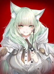 Rule 34 | 1girl, :q, animal ear fluff, animal ears, arknights, black bow, bow, closed mouth, collared shirt, commentary request, dress shirt, green eyes, green hair, grey jacket, harmonie (arknights), highres, holding, hood, hood down, hooded jacket, jacket, joul 0704, long hair, long sleeves, looking at viewer, red background, shirt, simple background, smile, solo, tongue, tongue out, upper body, white jacket, white shirt