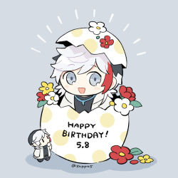 Rule 34 | 1boy, arknights, black hair, black pants, black shirt, blue eyes, chibi, chibi inset, commentary request, dated, egg, eggshell hat, elysium (arknights), emphasis lines, feather hair, flower, grey background, happy birthday, hatching, jacket, looking at viewer, male focus, multicolored hair, open mouth, pants, red flower, red hair, shadow, shirt, signature, smile, soppos, white flower, white hair, white jacket, yellow flower