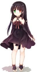 Rule 34 | 1girl, black hair, bow, choker, commentary request, dress, full body, hair between eyes, hair tubes, halter dress, halterneck, heterochromia, knees, long hair, looking at viewer, open mouth, original, purple dress, purple footwear, red bow, simple background, solo, standing, white background, yuuhagi (amaretto-no-natsu)