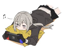 Rule 34 | 1girl, anyan (jooho), black gloves, black skirt, blush, game console, girls&#039; frontline, gloves, grey hair, jacket, long hair, long sleeves, lying, m200 (girls&#039; frontline), musical note, nintendo switch, on stomach, pillow, playing games, ponytail, purple eyes, simple background, skirt, solo, video game, white background