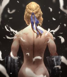 Rule 34 | 1girl, artoria pendragon (all), artoria pendragon (fate), ass, back, back focus, bad id, bad twitter id, black background, blonde hair, blue ribbon, braid, braided bun, butt crack, cowboy shot, falling feathers, fate/grand order, fate (series), feathers, from behind, gauntlets, hair bun, kdm (ke dama), muscular, muscular female, ribbon, saber (fate), shoulder blades, solo, white feathers