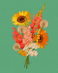 Rule 34 | bouquet, commentary, dandelion, dandelion clock, english commentary, flower, green background, highres, libbyframe, no humans, original, pink flower, plant, signature, simple background, snapdragon, still life, sunflower, white flower, yarrow (plant), yellow flower