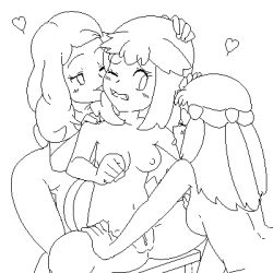 Rule 34 | 3girls, aliasing, bloggerman, blush, breasts, chair, cleft of venus, closed eyes, creatures (company), dawn (pokemon), fff threesome, game freak, green (pokemon), group sex, half updo, heart, jaggy lines, licking, licking another&#039;s face, lineart, long hair, lowres, monochrome, multiple girls, navel, nintendo, nude, one eye closed, pokemon, pussy, serena (pokemon), sideboob, simple background, sitting, small breasts, small nipples, spread legs, threesome, tongue, uncensored, white background, yuri