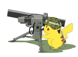 Rule 34 | bad id, bad twitter id, camouflage, camouflage headwear, closed mouth, commentary, creatures (company), frown, game freak, gen 1 pokemon, green headwear, helmet, highres, man-portable anti-tank systems, military, nintendo, no humans, pikachu, pokemon, pokemon (creature), shadow, simple background, soldier, takenotcool, type 9 hmat, weapon, white background