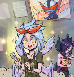 Rule 34 | 2girls, :d, alternate costume, bare shoulders, blush, brown shirt, collarbone, crowd, cup, disposable cup, facepalm, food, goggles, grey hair, happy, helmet, holding, holding cup, holding food, kayle (league of legends), league of legends, long hair, morgana (league of legends), multiple girls, multiple wings, open mouth, phantom ix row, popcorn, poster (object), rumble (league of legends), shirt, short hair, siblings, sisters, smile, sparkle, super galaxy rumble, teeth, thumbs up, ticket, tinted eyewear, upper teeth only, wings, yellow eyes, yordle