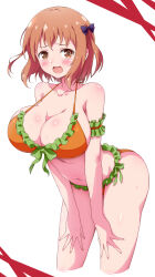 Rule 34 | 1girl, :d, @ @, absurdres, armband, bikini, blush, breasts, brown eyes, brown hair, cleavage, collarbone, commentary, cowboy shot, cropped legs, eggman (pixiv28975023), embarrassed, frilled bikini, frills, green armband, hands on own thighs, hataraku maou-sama!, highres, large breasts, leaning forward, looking at viewer, navel, open mouth, orange bikini, sasaki chiho, simple background, smile, solo, standing, stomach, swimsuit, white background