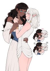 2girls black_hair blue_eyes blush bracelet breasts cleavage closed_eyes commentary corset dark-skinned_female dark_skin deformed dress dungeon_meshi elf genderswap genderswap_(mtf) grey_eyes grey_hair half_up_braid highres jewelry kabru long_hair long_sleeves looking_at_another mithrun multiple_girls multiple_views musical_note necklace off-shoulder_dress off_shoulder pointy_ears simple_background sleeveless smile speech_bubble spoken_musical_note tunic wavy_hair white_background white_dress ying45658704 yuri