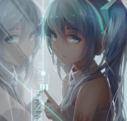 Rule 34 | 10s, 1girl, 2016, aqua eyes, aqua hair, character name, copyright name, dated, hatsune miku, headphones, highres, long hair, looking at viewer, necktie, reflection, solo, superdong, tattoo, twintails, vocaloid