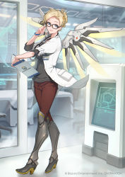Rule 34 | 1girl, absurdres, adjusting eyewear, blonde hair, blue eyes, boots, clipboard, copyright notice, doctor, dr. ziegler (overwatch), eyelashes, folded ponytail, glasses, hair ornament, hairclip, high heels, highres, huge filesize, knee boots, lab coat, mechanical wings, mercy (overwatch), name tag, nishikawa eito, official alternate costume, official art, overwatch, overwatch (logo), overwatch 1, parted lips, smile, solo, stethoscope, wings, wristband