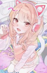 1other akiyama_mizuki animal_ear_headphones animal_ears bare_legs blush braid cat_tail collared_shirt eyelashes fake_animal_ears fake_tail fang fur-trimmed_skirt fur_trim hand_on_lap headphones highres indoors jewelry long_hair long_sleeves looking_at_viewer lower_teeth_only mikan_(90926728) miniskirt necklace official_alternate_costume open_mouth other_focus paw_pose paw_print pink_eyes pink_hair pink_nails pink_sweater_vest project_sekai seiza shirt sidelocks sitting skin_fang skirt solo sweat sweater_vest tail teeth twin_braids white_shirt white_skirt yarn yarn_ball you_are_my_hero!!_(project_sekai)