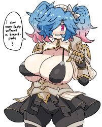 Rule 34 | 1girl, armor, black bra, black skirt, blue hair, blush, bra, breasts, cleavage, commentary, commission, cowboy shot, english commentary, english text, fire emblem, fire emblem fates, gloves, gradient hair, highres, huge breasts, looking at viewer, multicolored hair, nintendo, notnoe (dxcl), peri (fire emblem), pink eyes, pink hair, simple background, skindentation, skirt, solo, speech bubble, sweat, twintails, underwear, white background