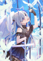 Rule 34 | 1girl, amane kanata, amane kanata (work), angel wings, belt, bird, black dress, black gloves, blue belt, blue hair, blue sky, cloud, colored inner hair, commentary request, cowboy shot, dress, feathers, frilled dress, frills, gloves, grey hair, hair ornament, hairclip, highres, hololive, jewelry, lens flare, light particles, long hair, moro (from m0r0), multicolored hair, necklace, official alternate costume, official alternate hair length, official alternate hairstyle, open mouth, partially fingerless gloves, planet, pleated dress, pouch, purple eyes, short sidetail, shuriken necklace, sky, sleeveless, sleeveless dress, smile, solo, star (symbol), star hair ornament, streaked hair, swept bangs, teeth, thigh pouch, thigh strap, upper teeth only, virtual youtuber, white bird, wings