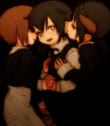 Rule 34 | 3girls, akita (akitaland gothic), akitaland gothic, asahi (akitaland gothic), bags under eyes, biting, black background, black dress, black eyes, black hair, brown hair, commentary request, cowboy shot, dark, dress, ear biting, empty eyes, feral lemma, half-closed eyes, hand on another&#039;s hand, hands on another&#039;s chest, highres, holding hands, horns, interlocked fingers, komachi (akitaland gothic), looking at viewer, multiple girls, nervous, open mouth, paper texture, pinafore dress, raised eyebrows, sad smile, shirt, short hair, sleeveless, sleeveless dress, tearing up, turtleneck, white eyes, white shirt, yuri