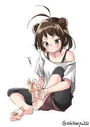 Rule 34 | 1girl, alternate costume, antenna hair, bandaid, bandaid on foot, barefoot, blouse, brown eyes, brown hair, brown shorts, casual, double bun, ebifurya, feet, full body, hands on feet, highres, kantai collection, leggings, naka (kancolle), shirt, shorts, simple background, sitting, soles, solo, toes, twitter username, white background, white shirt