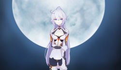 Rule 34 | 1girl, bails, blue eyes, bodysuit, breasts, cleavage, closed mouth, full moon, highres, honkai (series), honkai impact 3rd, kiana kaslana, kiana kaslana (white comet), long hair, looking at viewer, moon, night, night sky, ponytail, sky, smile, solo, white bodysuit, white hair