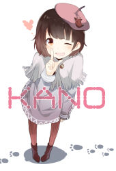 Rule 34 | 1girl, bad id, bad pixiv id, bent over, beret, blush, boots, brown eyes, brown hair, character name, dress, female focus, footprints, gesture, happy, hat, heart, highres, indie utaite, kano (utaite), legs, long sleeves, looking at viewer, one eye closed, open mouth, pantyhose, pigeon-toed, pink hat, pun2, red pantyhose, shawl, short hair, simple background, smile, solo, standing, striped clothes, striped pantyhose, text focus, uniform, vertical-striped clothes, vertical-striped pantyhose, white background, wink