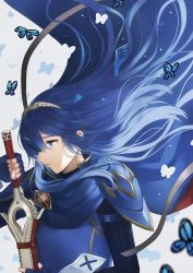 Rule 34 | 1girl, armor, aym (ash3ash3ash), bad id, bad twitter id, blue cape, blue eyes, blue gloves, blue hair, broken mask, bug, butterfly, cape, closed mouth, commentary, english commentary, fingerless gloves, fire emblem, fire emblem awakening, fire emblem heroes, gloves, hair between eyes, holding, holding sword, holding weapon, insect, long hair, lucina (fire emblem), mask, unworn mask, nintendo, ribbed sweater, sheath, shoulder armor, solo, standing, sweater, sword, tiara, weapon
