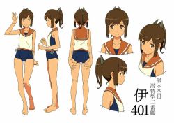 Rule 34 | 10s, 1girl, akitetsu, bad id, bad twitter id, barefoot, blouse, blue one-piece swimsuit, brown eyes, brown hair, character name, character sheet, hair ornament, i-401 (kancolle), kantai collection, long hair, multiple views, one-piece swimsuit, ponytail, school uniform, serafuku, shirt, simple background, sleeveless, sleeveless shirt, smile, swimsuit, swimsuit under clothes, tan, upper body, white background, white shirt