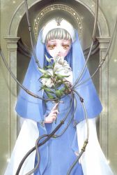 Rule 34 | cable, flower, headdress, highres, long sleeves, nun, silver hair, solo, wire, yellow eyes