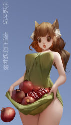 Rule 34 | 1girl, :o, animal ears, apple, b.bor, bare arms, bare shoulders, blue background, breasts, brown eyes, brown hair, cat ears, cat girl, dress, dropping, food, fruit, green dress, highres, large breasts, long hair, looking down, original, pomegranate, simple background, sleeveless, sleeveless dress, solo, surprised, translation request