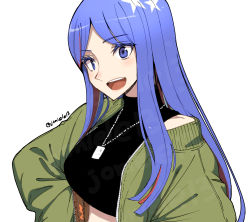 Rule 34 | 1girl, absurdres, alternate costume, black shirt, blue hair, commentary request, dog tags, green jacket, highres, jacket, kantai collection, long hair, masukuza j, midriff, multicolored hair, open mouth, red hair, shirt, simple background, sleeveless, sleeveless shirt, smile, solo, south dakota (kancolle), star (symbol), teeth, turtleneck, upper body, upper teeth only, white background, white hair