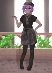 Rule 34 | 1girl, black footwear, black hat, black pantyhose, black shirt, blush, breasts, cabbie hat, closed mouth, dark-skinned female, dark skin, fate/prototype, fate/prototype: fragments of blue and silver, fate (series), full body, grey skirt, hair between eyes, hand on own hip, hand up, hassan of serenity (fate), hat, highres, i.u.y, looking at viewer, pantyhose, purple eyes, purple hair, shirt, shoes, short sleeves, skirt, small breasts, smile, solo, standing, striped clothes, striped headwear, striped skirt, vertical-striped clothes, vertical-striped skirt