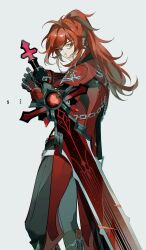 Rule 34 | 1boy, bishounen, black gloves, cowboy shot, diluc (genshin impact), genshin impact, gloves, highres, long hair, looking at viewer, male focus, ponytail, red eyes, red hair, sialou, simple background, solo, sword, weapon, white background