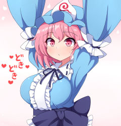 Rule 34 | 1girl, :/, arms up, blue bow, blue hat, blue kimono, blue ribbon, blush, bow, breasts, center frills, closed mouth, commentary request, frilled bow, frills, gradient background, hair between eyes, hat, heart, japanese clothes, kimono, large breasts, long sleeves, looking ahead, mob cap, neck ribbon, pink background, pink eyes, pink hair, ribbon, rizento, saigyouji yuyuko, short hair, simple background, solo, sweat, touhou, triangular headpiece, upper body, white background, wide sleeves